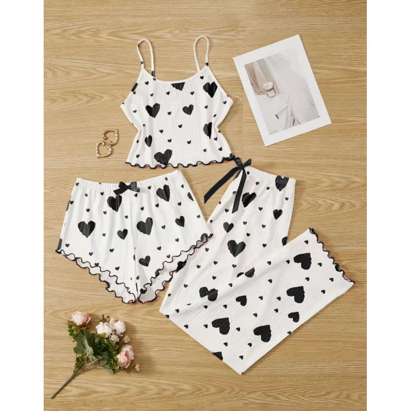 Slatki trodijelni kućni set s camisole topom i otisom srca za žene, ljeto, europski i američki stil
