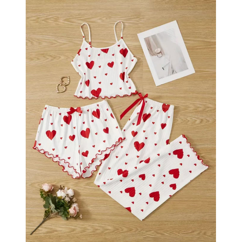 Slatki trodijelni kućni set s camisole topom i otisom srca za žene, ljeto, europski i američki stil