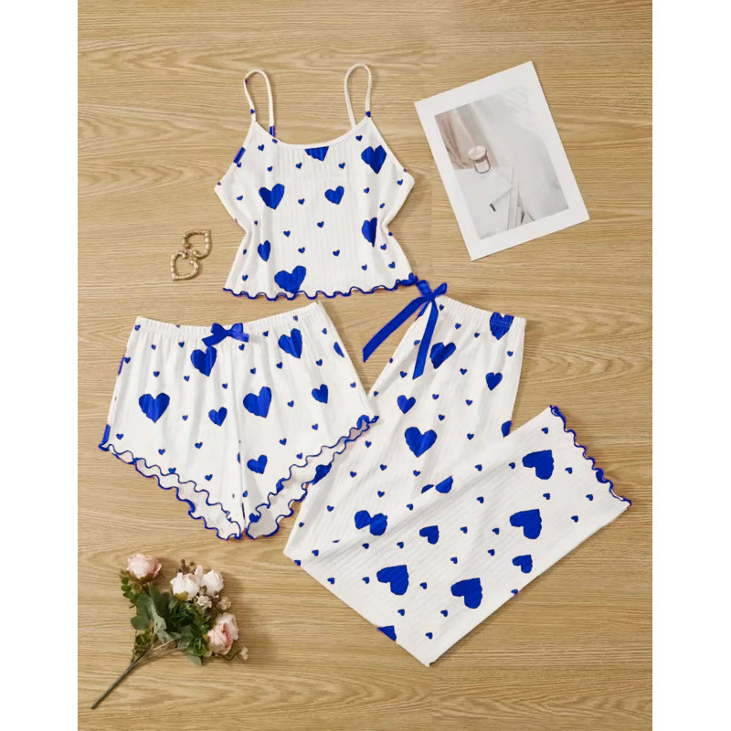 Slatki trodijelni kućni set s camisole topom i otisom srca za žene, ljeto, europski i američki stil