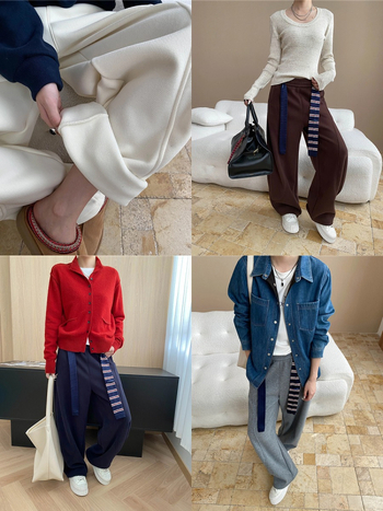 Casual hlače s dizajnom vezivanja i detaljima kolža/šivanja, širok relaxed kroj, elastični pojas, mješavina pamuk-poliester SN8199