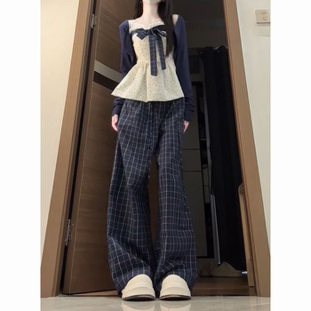 Σετ τριών τεμαχίων: μακρυμάνικη ζακέτα με φιόγκο, τοπ με τιράντες και φιόγκο, καρό φαρδιά παντελόνια; Φθινόπωρο 2025; Πολυεστέρας με σπάντεξ; Γλυκό στυλ για γυναίκες