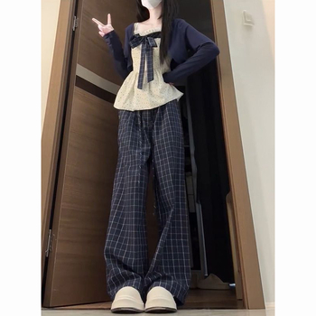 Σετ τριών τεμαχίων: μακρυμάνικη ζακέτα με φιόγκο, τοπ με τιράντες και φιόγκο, καρό φαρδιά παντελόνια; Φθινόπωρο 2025; Πολυεστέρας με σπάντεξ; Γλυκό στυλ για γυναίκες