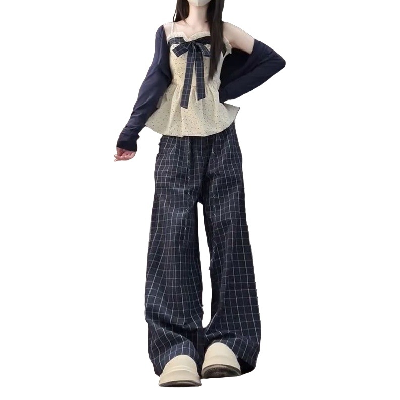 Σετ τριών τεμαχίων: μακρυμάνικη ζακέτα με φιόγκο, τοπ με τιράντες και φιόγκο, καρό φαρδιά παντελόνια; Φθινόπωρο 2025; Πολυεστέρας με σπάντεξ; Γλυκό στυλ για γυναίκες