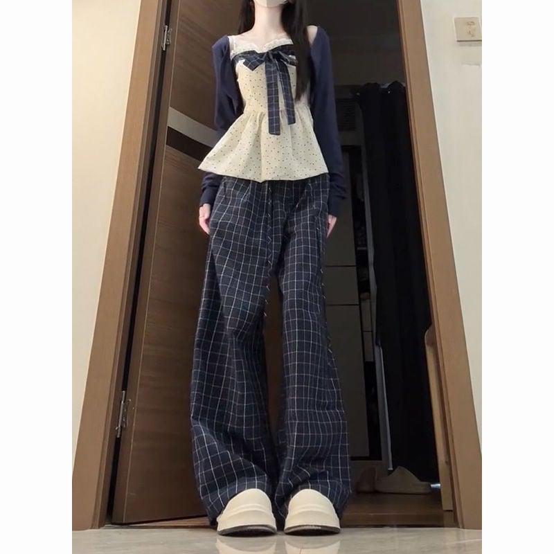 Σετ τριών τεμαχίων: μακρυμάνικη ζακέτα με φιόγκο, τοπ με τιράντες και φιόγκο, καρό φαρδιά παντελόνια; Φθινόπωρο 2025; Πολυεστέρας με σπάντεξ; Γλυκό στυλ για γυναίκες