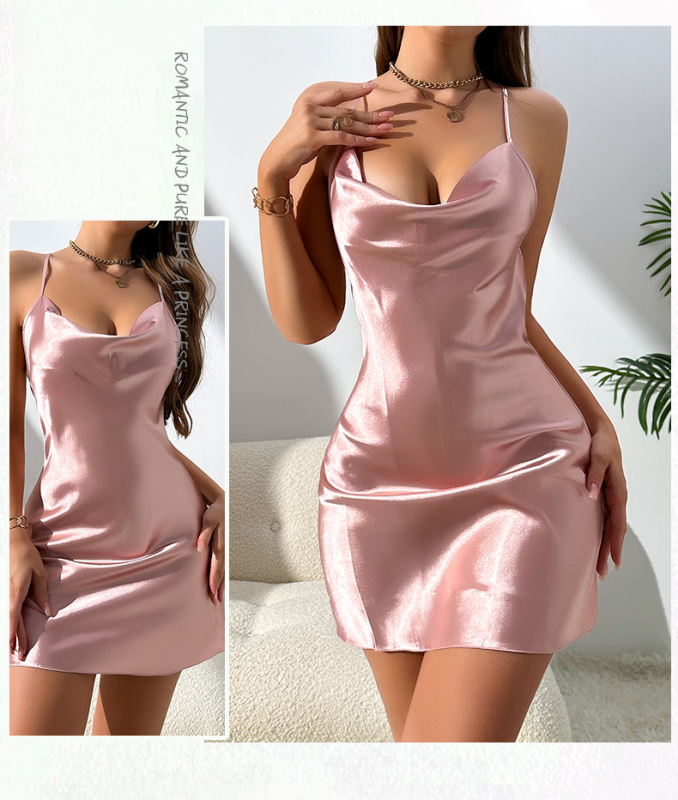 Νυχτερινή καμιόλα από ice silk, σατέν χωρίς πλάτη, V-λαιμό, χωρίς μανίκια, 100% πολυεστέρας.