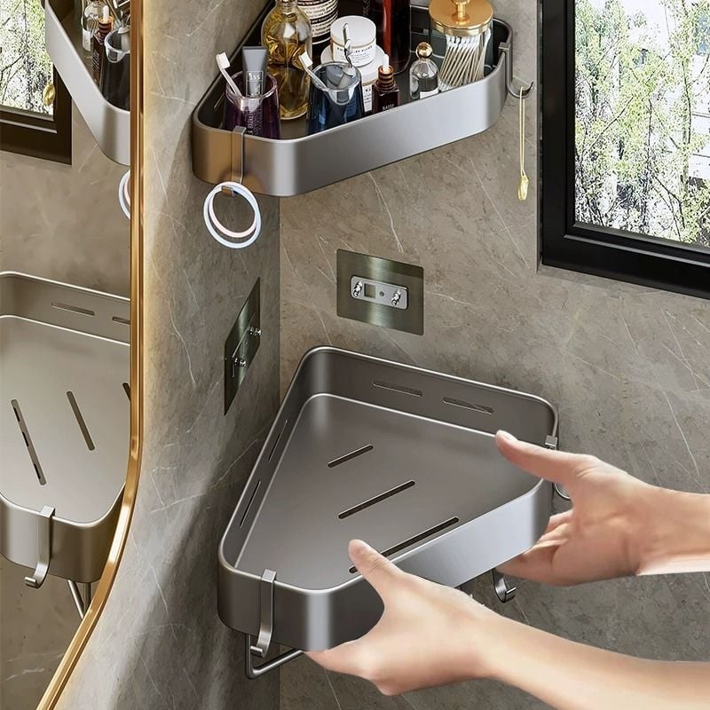 Raft de baie de colț montat pe perete, din plastic perforat, trei niveluri, stil Nordic, certificat CE, încărcare 1–3 kg