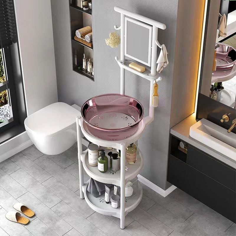 Padlóra álló mosdóállvány gyantából, tükrös, 6 polcos, kínai stílus, hajszárító tároló