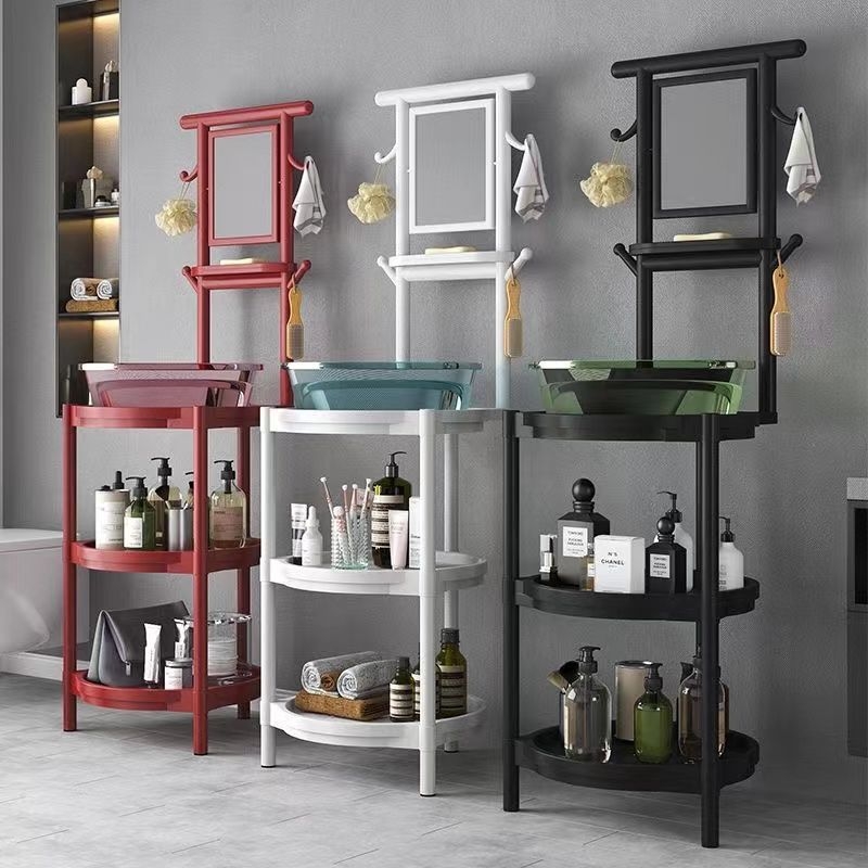 Padlóra álló mosdóállvány gyantából, tükrös, 6 polcos, kínai stílus, hajszárító tároló