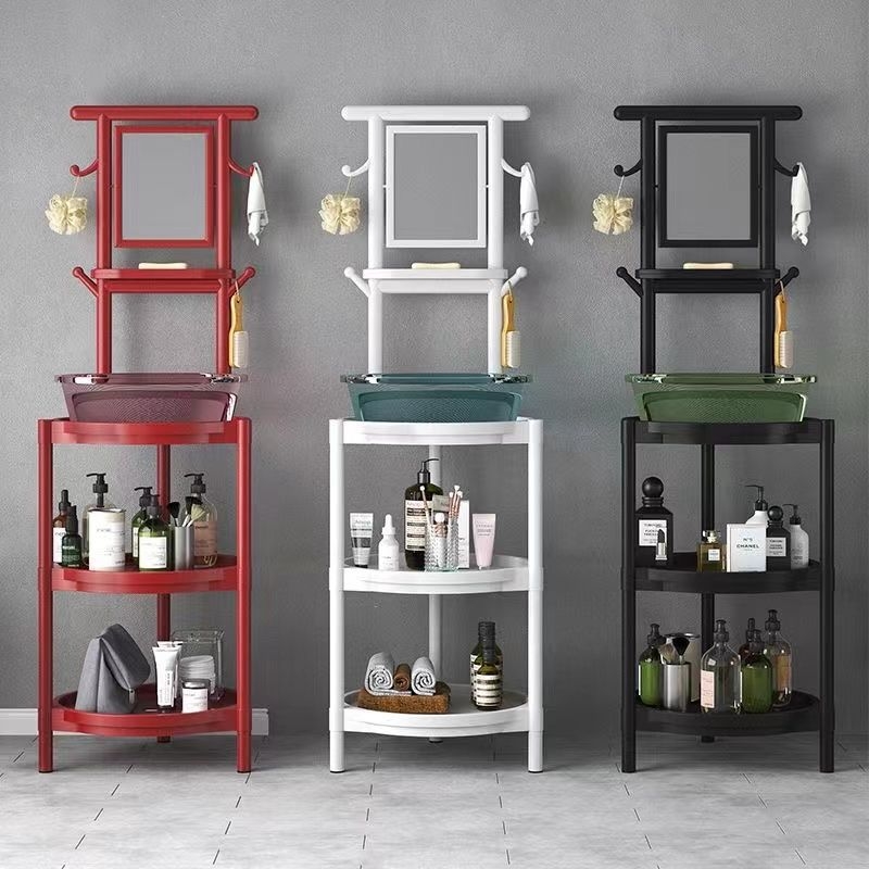Padlóra álló mosdóállvány gyantából, tükrös, 6 polcos, kínai stílus, hajszárító tároló