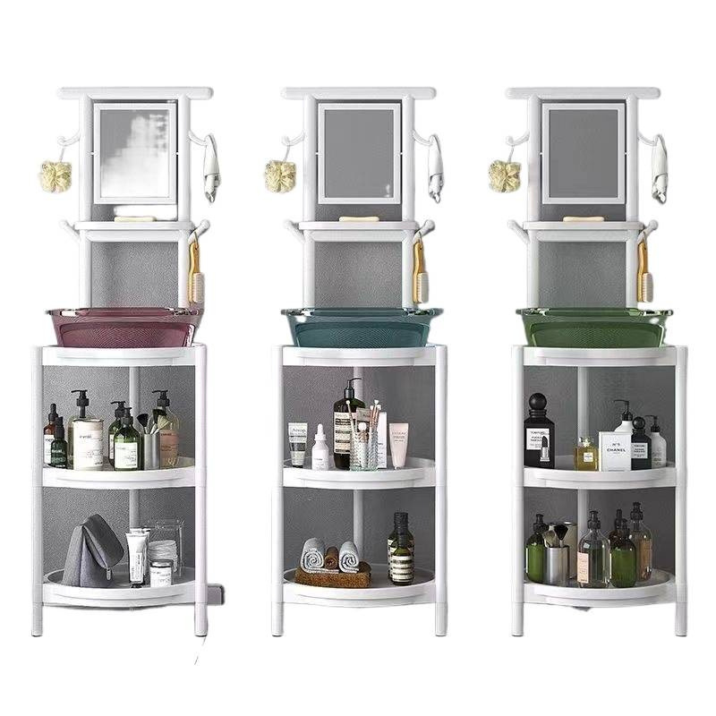 Padlóra álló mosdóállvány gyantából, tükrös, 6 polcos, kínai stílus, hajszárító tároló