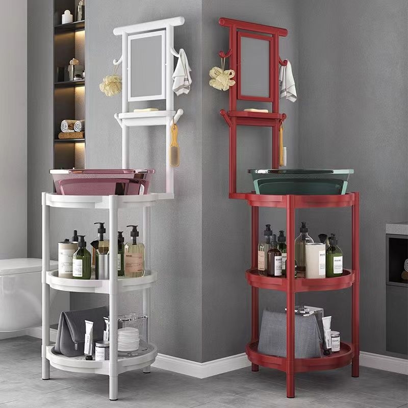 Padlóra álló mosdóállvány gyantából, tükrös, 6 polcos, kínai stílus, hajszárító tároló