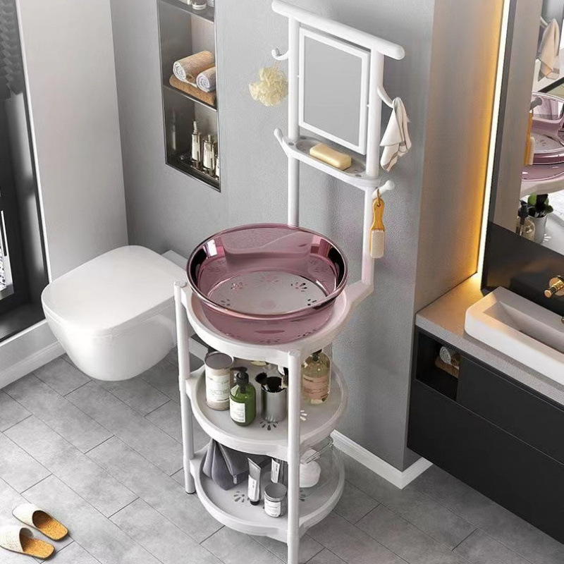 Padlóra álló mosdóállvány gyantából, tükrös, 6 polcos, kínai stílus, hajszárító tároló