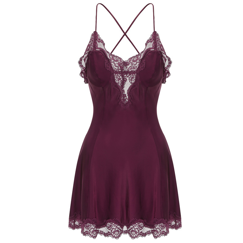 Seksīgas pidžamas naktskleita ar mežģīņu siksnām, imitēta zīda audums, caurlaidīgs dizains, V-veida kakla izgriezums, elpojošs nakts apģērbs, 95–100% poliesters