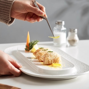 Porcelanski ovalni tanjur za hotelski servis, podglazurni završni sloj, mikrovalna sigurnost, s logom