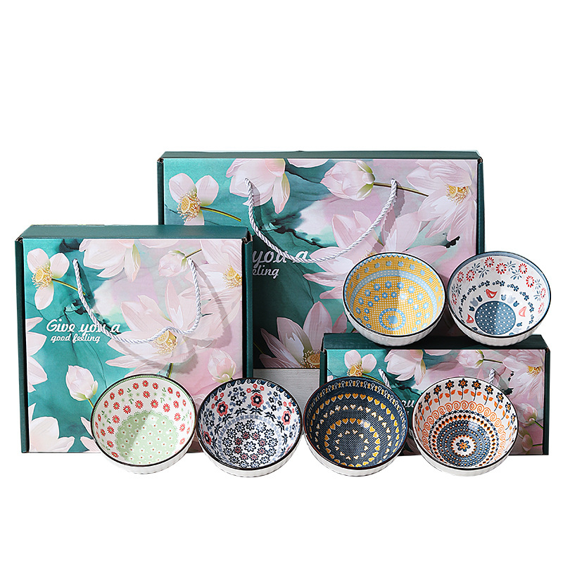 Japanski stil porcelanski set posuđa s zdjelicama s lotosom i štapićima za jelo, mikrovalna kompatibilan, pod glazurom, više uzoraka, prilagodljiv logo