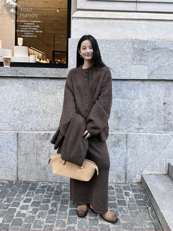 Digm Γυναικείο Πλεκτό Σετ Καρντγιάν, Φουλάρι και Φούστα — Μονόχρωμο, Πλεκτή Υφή, Μακριά Μανίκια, Μακριά Φούστα, Χειμώνας 2025