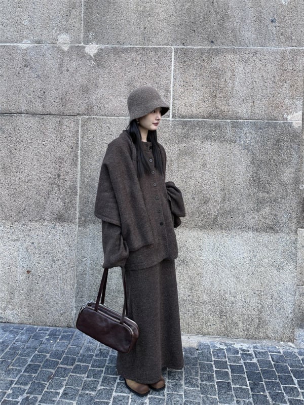 Digm Γυναικείο Πλεκτό Σετ Καρντγιάν, Φουλάρι και Φούστα — Μονόχρωμο, Πλεκτή Υφή, Μακριά Μανίκια, Μακριά Φούστα, Χειμώνας 2025