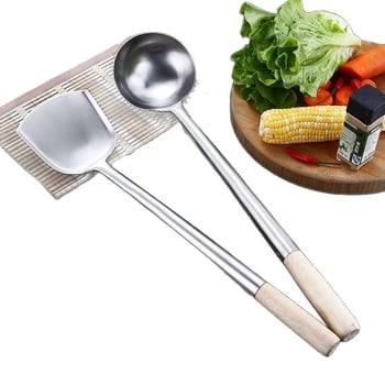 Ανοξείδωτο κουτάλι για σωτάρισμα με ξύλινο χερούλι, μακριά λαβή, αντοχή σε υψηλές θερμοκρασίες, προστασία από εγκαύματα, οικιακό εργαλείο κουζίνας