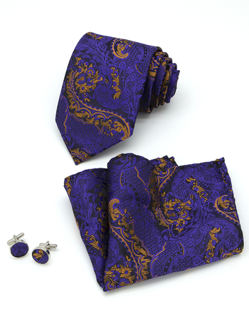 Geometrijski jacquard 3-dijelni set: kravata, džepna marama i manžetne kopče; poliester vlakno; jacquard obrada; bakreno elektroplatiranje završetak; detalj dizajna: crno-zlatna niti