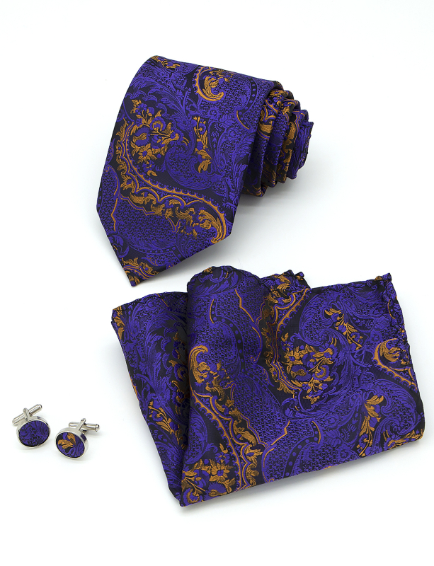 Geometrijski jacquard 3-dijelni set: kravata, džepna marama i manžetne kopče; poliester vlakno; jacquard obrada; bakreno elektroplatiranje završetak; detalj dizajna: crno-zlatna niti