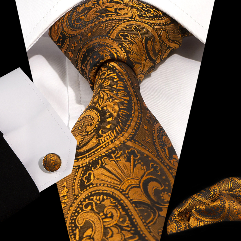 Geometrijski jacquard 3-dijelni set: kravata, džepna marama i manžetne kopče; poliester vlakno; jacquard obrada; bakreno elektroplatiranje završetak; detalj dizajna: crno-zlatna niti
