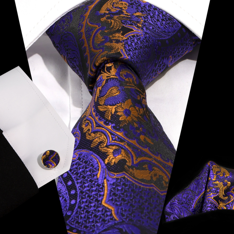 Geometrijski jacquard 3-dijelni set: kravata, džepna marama i manžetne kopče; poliester vlakno; jacquard obrada; bakreno elektroplatiranje završetak; detalj dizajna: crno-zlatna niti