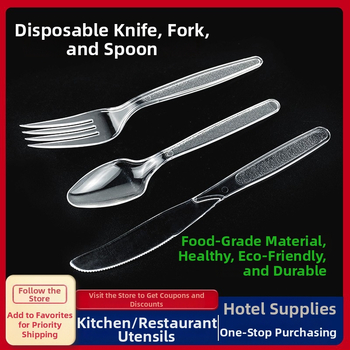 Vienkartinis plastmasinių stalo įrankių rinkinys vakarietiško stiliaus su ilga rankena: peilis, šakutė ir šaukštas; mikrobangų krosnelėms tinkamas.