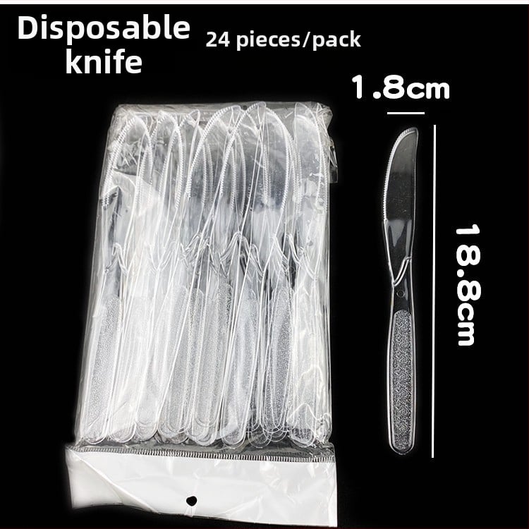 Vienkartinis plastmasinių stalo įrankių rinkinys vakarietiško stiliaus su ilga rankena: peilis, šakutė ir šaukštas; mikrobangų krosnelėms tinkamas.