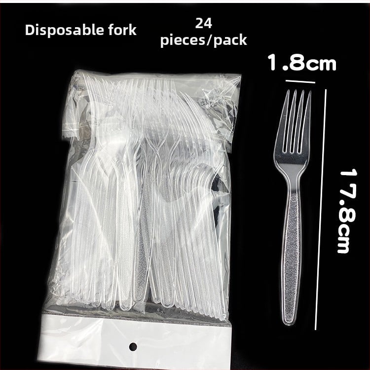 Vienkartinis plastmasinių stalo įrankių rinkinys vakarietiško stiliaus su ilga rankena: peilis, šakutė ir šaukštas; mikrobangų krosnelėms tinkamas.