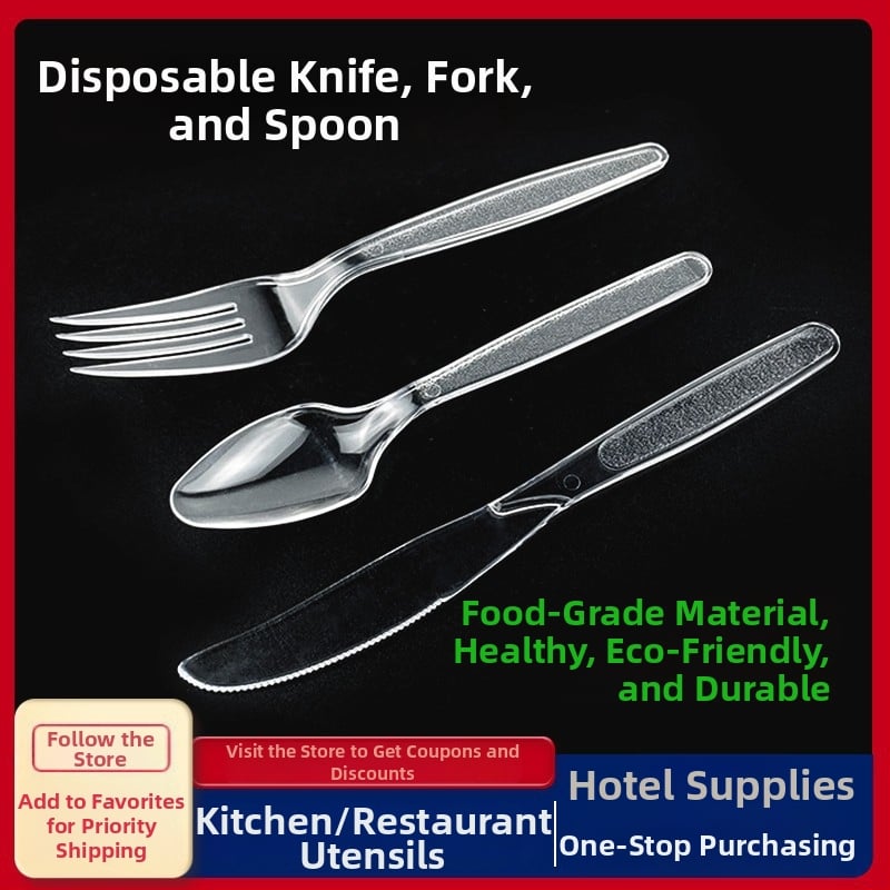 Vienkartinis plastmasinių stalo įrankių rinkinys vakarietiško stiliaus su ilga rankena: peilis, šakutė ir šaukštas; mikrobangų krosnelėms tinkamas.