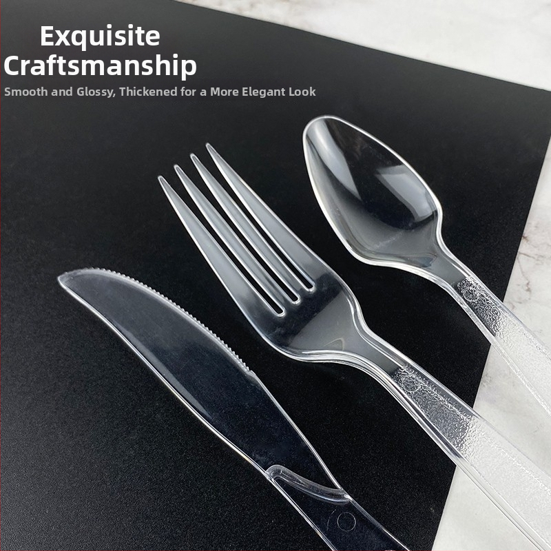 Vienreizējās lietošanas plastmasas ēdiena piederumu komplekts rietumnieka stilā ar garu rokturi: nazis, dakša un karote; mikroviļņu drošs.