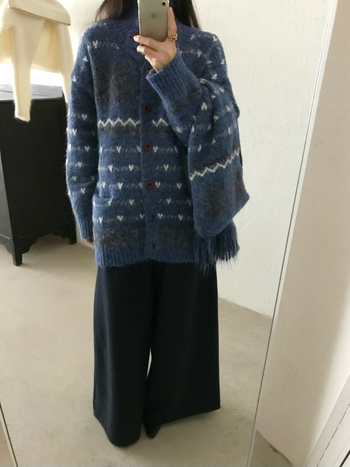 Дамски корейски стил плетен кардиган със снежен жакард и шал, джобове, за есен-зима