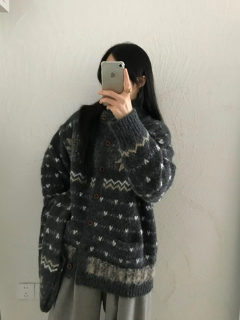 Дамски корейски стил плетен кардиган със снежен жакард и шал, джобове, за есен-зима