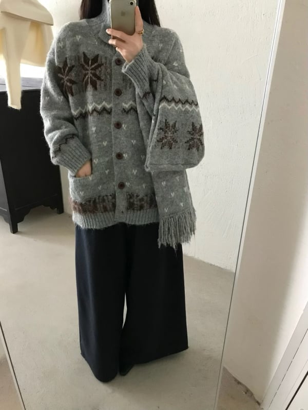 Дамски корейски стил плетен кардиган със снежен жакард и шал, джобове, за есен-зима