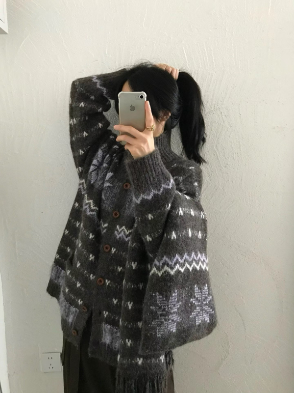 Дамски корейски стил плетен кардиган със снежен жакард и шал, джобове, за есен-зима