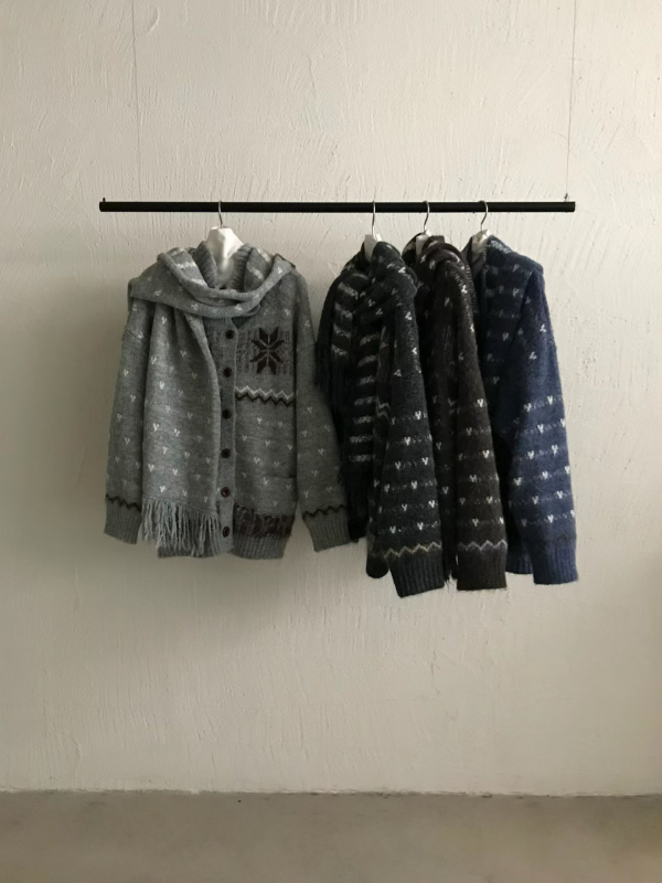 Дамски корейски стил плетен кардиган със снежен жакард и шал, джобове, за есен-зима