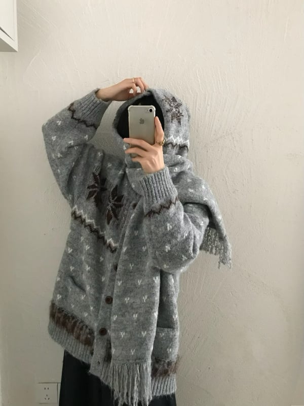 Дамски корейски стил плетен кардиган със снежен жакард и шал, джобове, за есен-зима