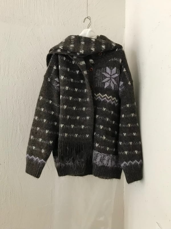 Дамски корейски стил плетен кардиган със снежен жакард и шал, джобове, за есен-зима