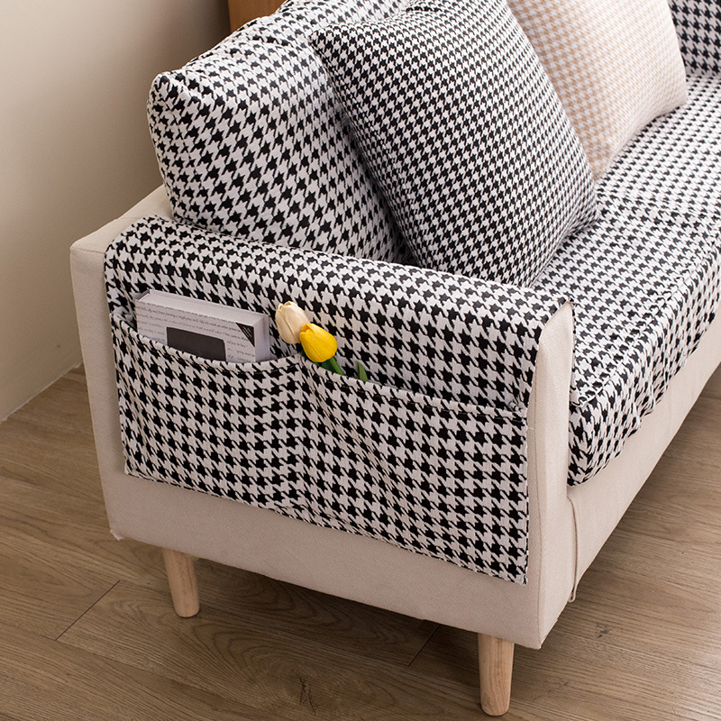 Navlaka za naslonjač s uzorkom houndstooth, džep za pohranu, otporna na grebanje mačaka, minimalistički modern dizajn, protuklizno