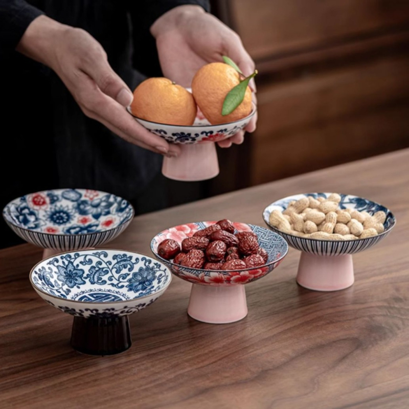 Πορσελάνινο πιάτο φρούτων, κινεζικού στυλ, με υψηλή βάση, διακόσμηση υπό γλάσο, Zhuo Zhong