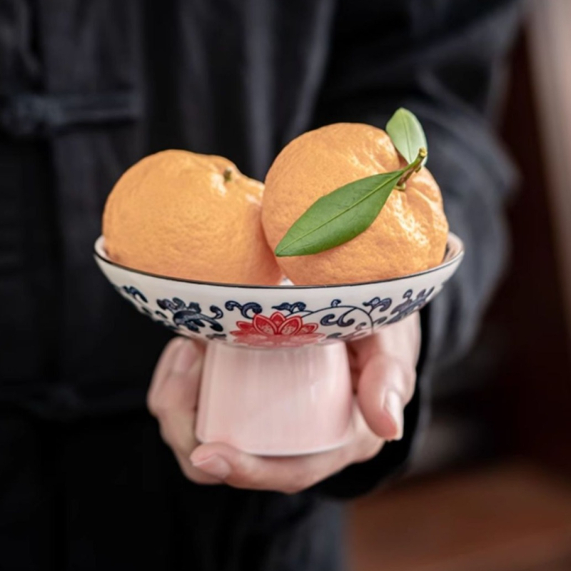 Πορσελάνινο πιάτο φρούτων, κινεζικού στυλ, με υψηλή βάση, διακόσμηση υπό γλάσο, Zhuo Zhong