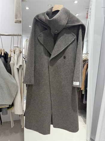 Ženski vuneni kaput sa šal-ovratnikom, debeli i dugi kroj, mješavina 50–70% vune i 30–50% poliestera, gradski elegantan stil