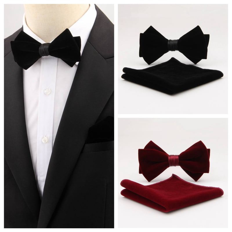 Set papion retro și batistă de buzunar din poliester – monocrom, formă săgeată, pentru bărbați, ambalaj separat