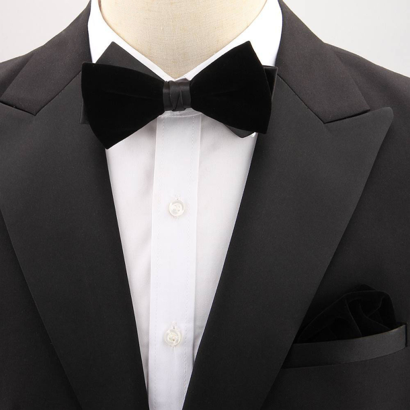 Set papion retro și batistă de buzunar din poliester – monocrom, formă săgeată, pentru bărbați, ambalaj separat