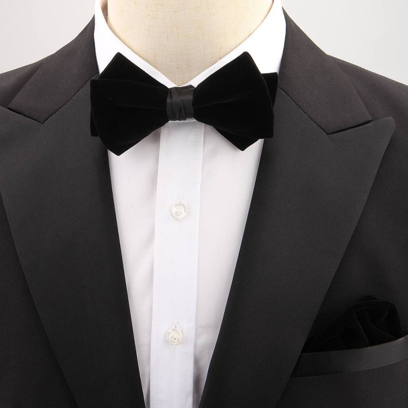 Set papion retro și batistă de buzunar din poliester – monocrom, formă săgeată, pentru bărbați, ambalaj separat