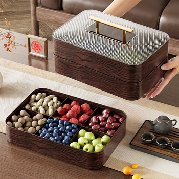 Vintage fa textúrájú aszalt gyümölcsös doboz kettős gyümölcstálcával, zárható és nedvességálló, több rekesz