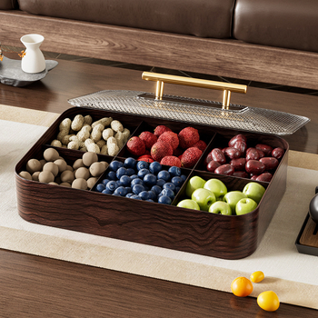 Vintage fa textúrájú aszalt gyümölcsös doboz kettős gyümölcstálcával, zárható és nedvességálló, több rekesz