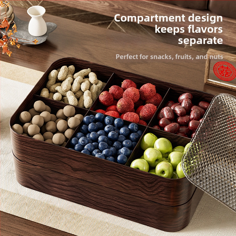 Vintage fa textúrájú aszalt gyümölcsös doboz kettős gyümölcstálcával, zárható és nedvességálló, több rekesz