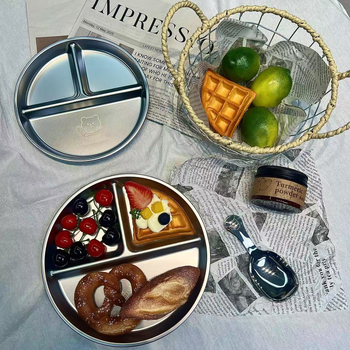 Farfurie de servire din oțel inoxidabil, divizată pentru controlul porțiilor, rotundă, personalizabilă cu logo