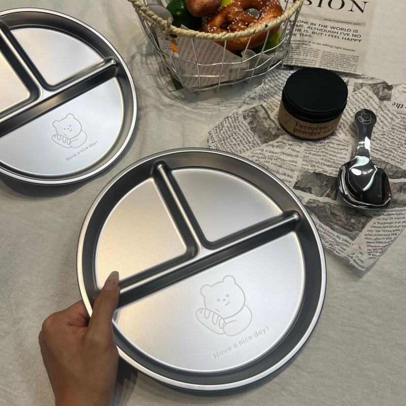 Farfurie de servire din oțel inoxidabil, divizată pentru controlul porțiilor, rotundă, personalizabilă cu logo